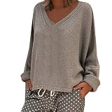 iHENGH Neujahrs Karnevalsaktion Damen Herbst Winter Bequem Lässig Mode Frauen beiläufige lose Tiefe V Ausschnitt Volltonfarbe gestrickte Oberteile Pullover und Bluse