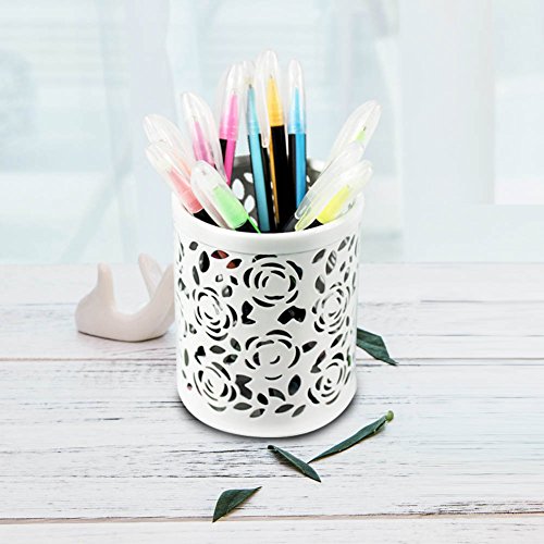 Ciaoed Hollow Blume Metall Schreibtisch Stift Halter Organizer Behälter Weiß - 4
