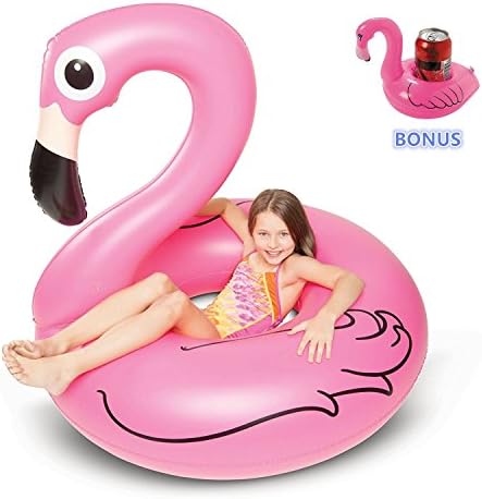 Kyerivs 47 Inch Inflatable Flamingo Pool Float Raft -Large Outdoor Swimming Pool Floatie Lounge Toy for Adults & Kids- Bonus Flamingo Drink Float