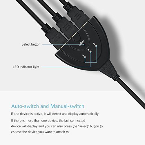HDMI Switch, OMorc Vergoldet Full HD 1080P HDMI Verteiler mit USB Kabel 3 Port Umschalter 3 IN / 1 OUT 3D Ready HDMI Splitter Switcher Stecker Automatische Und Manuelle Umschaltung für HDTV, PS3, PS4, Xbox One, Bluray Player, DVD Player usw - 4