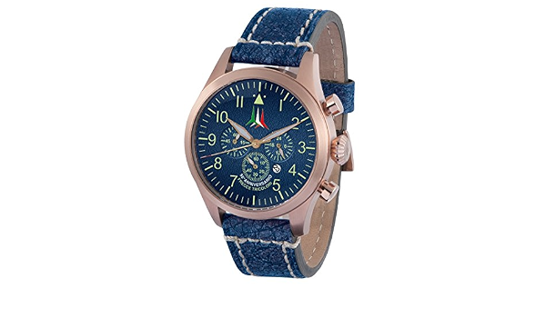 Chrono Aviator Vintage 55° PAN. Cassa finitura Gold Rose, cinturino in  cuoio vintage super invecchiato blu e cinturino in gomma Memphis Belle,  quadrante blu, logo Frecce Tricolori : Amazon.it: Orologi