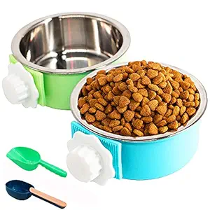 2 Pack Crate Dog Bowl, Removable Stainless Steel Kennel Water Bowl Hanging Pet Cage Bowl Food & Water Feeder Coop Cup with Food Spoon?Random Spoon? for Puppy Medium Dogs Birds Ferret Cat