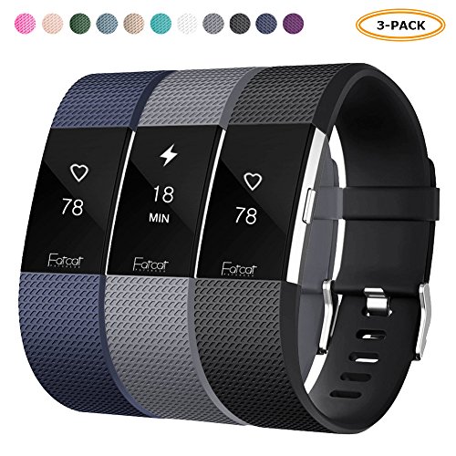 Fitbit Charge 2 Strap Bands,FatcatBand Classic Soft Silicone Sport Adjustable Replacement Accessory Bracelet Straps (Small Size) for Fitbit Charge 2 Fitness Wristband (3-Pack Blue+Grey+Black)