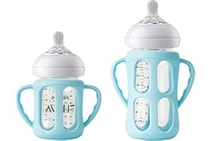 ROMIRUS 2 Pack Silicone Sleeves for Philips Avent Glass Natural Baby Bottles 4oz and 8oz, Anti Breakage Baby Bottle Holder with Handle, Feeding Bottle Handle (Blue)