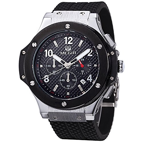 megir Uhren Herren Sport Schwarz Silikon Armband Armbanduhren Quarz Big Zifferblatt Funktionen Relojes Hombre