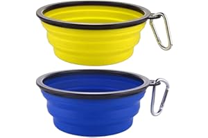 REQAG 2 pezzi Ciotole per Cani, Pieghevoli in Silicone, con Moschettone da Viaggio e Alpinismo, per L’Acqua e Cibo, Ciotola Pieghevole per Cane, Ciotola Portatile, Azzurro e giallo, 350ml