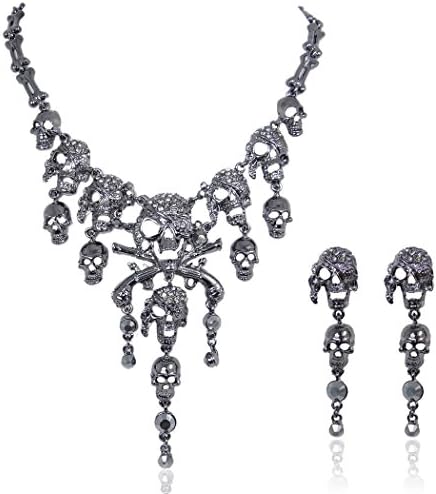 TENYE Austrian Crystal Halloween Retro Skull Pirate Necklace Earrings Set Black Black-Tone