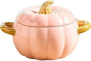 GENERISCH Casserole en céramique - Joli bol de citrouille en céramique - Antiadhésif - Avec couvercle - Ustensile de cuisine en porcelaine - Vaisselle de remerciement d'Halloween (rose)