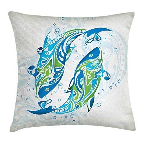 pigyear888 Zodiac Pisces Throw Pillow Cushion Cover, Abstract Bicolor Fish with Swirls and Dots Constellation Astrology, Decorative Square Accent Pillow Case, 18 X 18 Inches, Blue Green Navy Blue