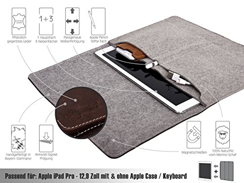 ALMWILD Apple iPad Pro 12.9 Zoll Hülle, Tasche . Aus echtem Rinds- Leder und 100% Woll- Filz. Case in Alpstein- Grau mit magnetischer Umschlagklappe aus Echt- Leder in Braun. In Bayern handgefertigt - 8
