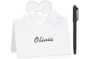 SEPAMOON 50 Pack Cut Heart Shaped Wedding Table Place Name Cards Hollow Seat Cards Greeting Cards Table Number Name Place Card with Pen for Holiday Wedding Party Decoration(White Heart)