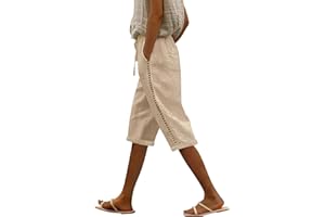 GENERISCH Pantalones de verano para mujer, ligeros, elásticos 3/4, pantalones de ocio para mujer, pierna ancha, cintura alta, pantalones capri holgados, pantalones piratas de algodón, pantalones rasgados con