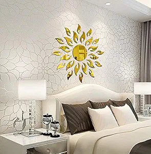 Bikri Kendra - Sun Golden - 3D Acrylic Decorative Mirror Wall Sticker, Gold, 1 Piece