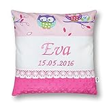 Amilian® Kissen 40 x 40 cm mit Namen Datum Eule rosa/ ROSA
