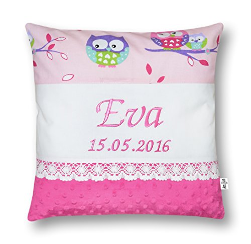 Amilian® Kissen 40 x 40 cm mit Namen Datum Eule rosa/ ROSA