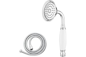 Maynosi Soffione doccia classico da bagno, doccia a mano tradizionale in stile telefono, doccia a mano retrò con maniglia in ceramica, doccia a pioggia vittoriana con tubo flessibile da 1.5M, Cromo-A