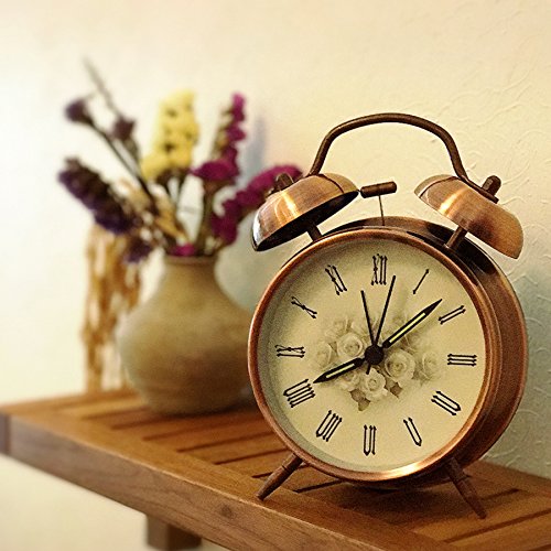 Retro Glockenwecker,Trrebtle Doppelglocken-Wecker mit Nachlicht, geräuschloser Betrieb, Quarzuhrwerk, wecker analog, Retro-Design, lauter Alarm 4 Zoll,Kupfer - 6