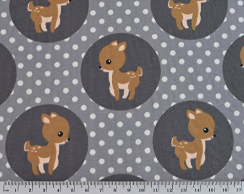 Jersey Stoff mit dem Muster Reh Baby auf mittel grau als Meterware | Maße: 50 cm x ca. 145 cm | 1A ÖKO-TEX Qualität Standard | - 2