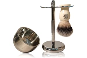 ECHOLLY Premium Shaving Brush Kit-3 in 1 Shaving Brush Set for Men Includes Badger Synthetic Hair Shaving Brush,Stainless Steel Shaving Soap Bowl and Stand for Mens Shaving Gift Set(Ivory White)