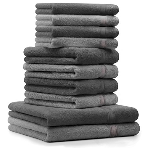 Betz 10 tlg. Handtuch Set 2 Duschtücher 4 Handtücher 4 Seiflappen 100% Baumwolle Duschhandtuch Badetuch Luxus GOLD Qualität 600 g/m² Farbe Anthrazit Grau & Silber