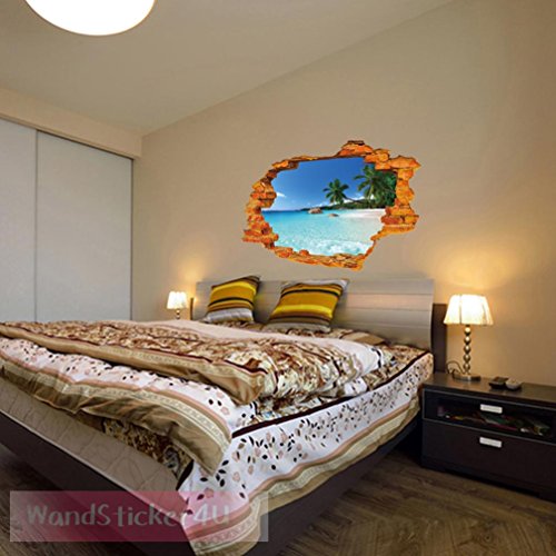 WandSticker4U- Wandtattoo in 3D Optik: Urlaubsinsel | Effektbild: 50×70 cm | Wanddurchbruch: Meer Strand Palme Insel Urlaub Meerblick Himmel Ozean Karibik Landschaft Mauer | entfernbare Wandbild Poster Wandaufkleber Wandsticker Deko für Wohnzimmer, Badezimmer, Schlafzimmer, Küche, Flur - 3