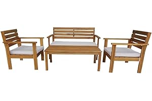 7H SEVEN HOUSE 7house - Conjunto de Exterior Marlon, Jardín y Terraza, Madera de Acacia, 1 Sofá Biplaza, 2 Sillones, 1 Mesa Baja, Incluye Cojines, Cómodo, Chill Out, Estilo Rústico, Protección UV, Color Natural