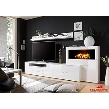 Wohnwand Anbauwand mit Kamineinsatz Elektrokamin 4-teilig 440930 weiß