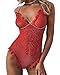 Produktbild Minetom Damen Sexy Lingerie Erotik Dessous Tiefer V-Ausschnitt Spitze Body Negligee Wäsche Lingerie Reizwäsche Neckholder Unterwäsche Nachtwäsche Damenunterwäsche Rot DE 36