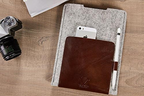 CitySheep Handmade New iPad case, iPad 9.7" sleeve with Apple Pencil Holder. Made of Pure 100% Merino Wool Felt and Genuine Semi-Veg Leather. Grey/Classic Brown.
