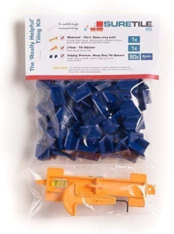 The ‘UNIPLUG’ ProSpacer ‘Really Helpful’ Tiling Kit With 50 x 4mm Premium, Heavy Duty Re-usable Blue Tile Spacers That Space and Align Your Tiles Around Corners and Includes The Unique Multifunctional Multi-Tool and The J-HOOK Tile Adjuster/Drill Core Removal Tool.