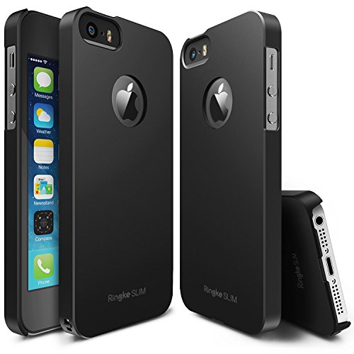 iPhone SE / 5S / 5 Case, Ringke [SLIM] Snug-Fit Slender [Tailored Cutouts] Ultra-Thin Side to Side Edge Coverage Superior Coating PC Hard Skin for Apple iPhone SE (2016) / 5S (2013) / 5 (2012) - Logo Cutout Black