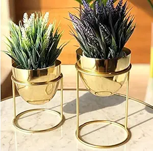 SK Decor Modern Plant Stand- Set with Tall Metal Stand, Decorative Standing Flower Succulent Pot Holder, Indoor Outdoor Terrace Patio Home Decor (Gold)