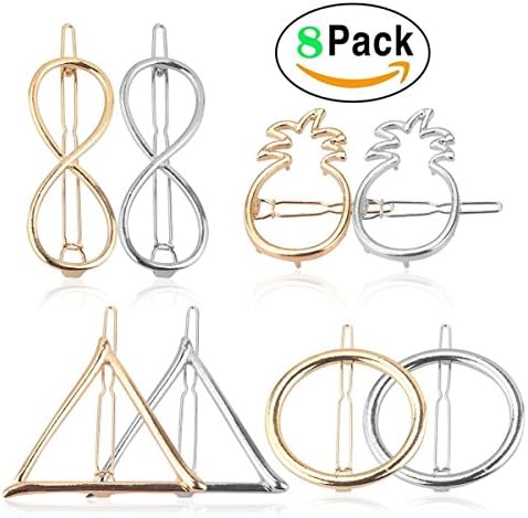 Hair Clip Accessories for Women - Pack of 8 PCS Hair Barrettes Hair Pins Geometric Triangle Infinity Circle Pineapple Hair Clips Set for Girls Thick Hair Styling, Clip on, Gold and Silver Tune (8 PCS)