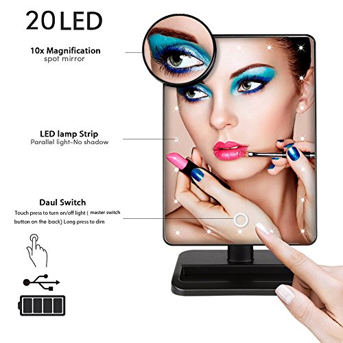 Wuiyepo Make-up-Spiegel mit LED Beleuchtung Dimmbar durch Schalter + 20 LEDs + Ultra-High Definition Falterbar Standspiegel Profi Kosmetikspiegel Schminkspiegel Tischspiegel Batteriebetrieben - 2