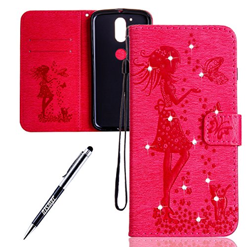 Motorola Moto G4 Case, Motorola Moto G4 Plus Cover, JAWSEU Creative Diamond Girl and Cat Luxury Premium PU Leather Flip Cover for Motorola Moto G4 / G4 Plus Protector Skin with Soft Silicone Case Credit ID Card Slots Magnetic Closure Kickstand Strap Phone Pouch Smartphone Shell Shock-Absorption Protective Wallet Case for Motorola Moto G4 Plus + Stylus Pen - Diamond Girl & Cat, Hot Pink