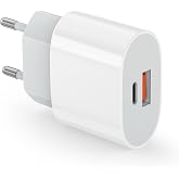 USB C Charger, 20W USB-C Power Adapter, 2-Port PD+QC Fast Charging Mobile Type C Plug for Apple iPhone 17 16 15 14 13 12 11 P