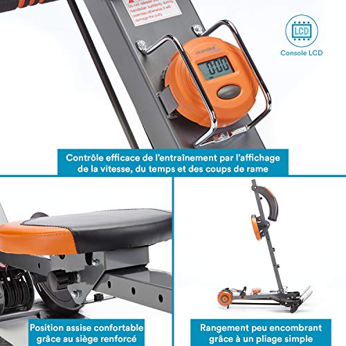 skandika Regatta Multi Gym Poseidon - Rameur d'appartement Pliable - Silencieux - Peu d'entretien (GIS/Orange)