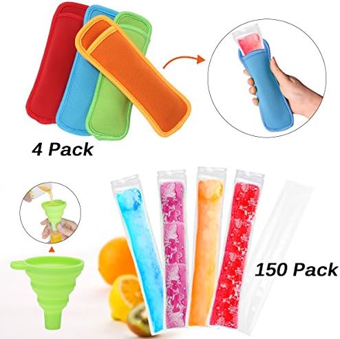 Janolia Ice Popsicle Mold Bags, 150 Pcs Ice Pop Bags with Popsicle Sleeves, BPA Free Freezer Tubes With Zip Seals, Come with a Funnel, for DIY Ice Pop, Healthy, Full Vitamin Snacks