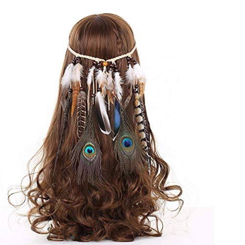 CESHUMD Vintage Boho Feather Fascia + Braccialetto Braccio, Accessori per Capelli Indiani Fagiano Piuma di Pavone Suede Fascia con Perline Headwear per Fotografia Travelling