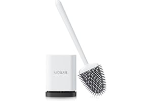 ASOBEAGE Silicone Toilet Brush: Flexible Head, Long Handle, Wall-mounted, Quick-drying Holder for Bathroom Clean (White)
