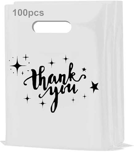 100 Sacs Plastique Avec Poignée - 30x38cm - Noir & Blanc - Design "Merci" - Pour Boutique, Marché, Emballage Cadeau