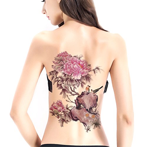 TAFLY Tree Peony Pink Flower and Birds Extra Large Full Back Fake Temporary Tattoo Sticker 2 Sheets