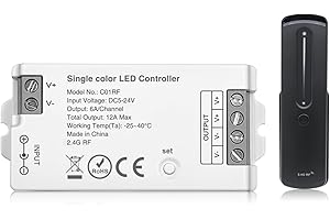 MALIIGAZA 2pin Single Color COB LED Strip Dimming Controller Kit, Wireless Remote RC07RFB&C01RF Controller with 4-Zone Group Control, for DC5V/12V/24V Monochrome LED Strips