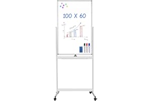 MAXTEK Lavagna bianca mobile, cancellabile a secco su entrambi i lati, lavagna bianca girevole con telaio in alluminio su ruote (argento, 100 x 60 cm).