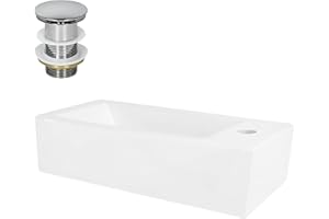 ML DESIGN MODERN LIVING ML-Design Lavabo Blanco Rectangular 510 x 250 x 130 mm Lavamanos de Cerámica sobre Encimera o de Pared con Agujero para Grifo en Derecha y Juego de Desagüe Cromado Pila Pequeña para Cuarto de Baño
