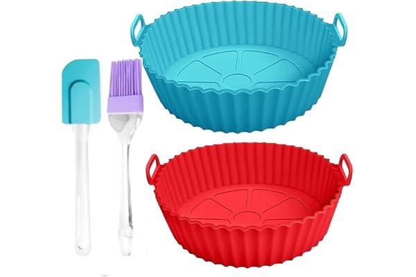 Nonstick Reusable Air Fryer Basket, Air Fryer Silicone Liner Set, 2-Pack with Brush and Spatula, Red and Blue