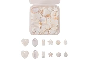 Airssory 60 Pcs 6-Shapes Heart Star Round Drop Rectangle Shape Natural Freshwater Shell Charms Plastic Tiny Flat White Pendants for DIY Crafts Jewellery Making Accessories