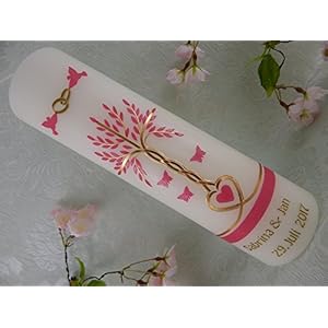 Hochzeitskerze Traukerze Lebensbaum Herz Schmetterlinge Tauben gold 250/70 mm inkl. Beschriftung