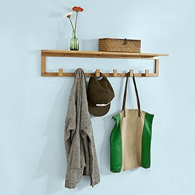 SoBuy® FHK06-N Étagère Porte-Serviette Porte-Manteau Mural en bambou avec Étagère et 6 Crochets - HxlxP 90x12x16 cm