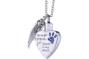 MCJKP Cremation Jewellery for Ashes Personalized Urn Pendant Heart Necklace Inlay Blue Crystal Pets Paw with One Angel Wing Keepsake Waterproof Memorial Gifts Urns for Dogs